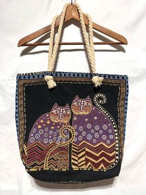 Laurel Burch Cat Tote Bag Tapestry Canvas Rope Handle Boho Cats